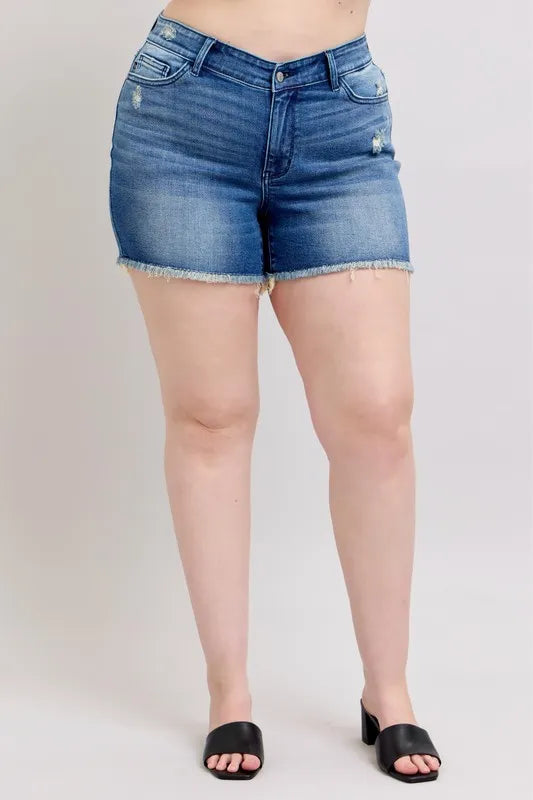 Judy Blue Full Size V Front Denim Shorts With Shield Pockets Plus Size