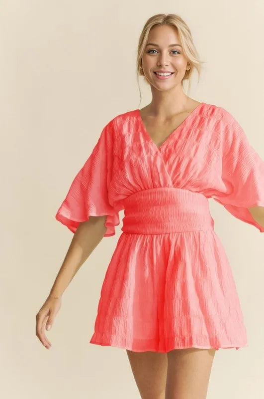 Coral Pink Davi Dani Batwing Sleeve Waist Belt Romper