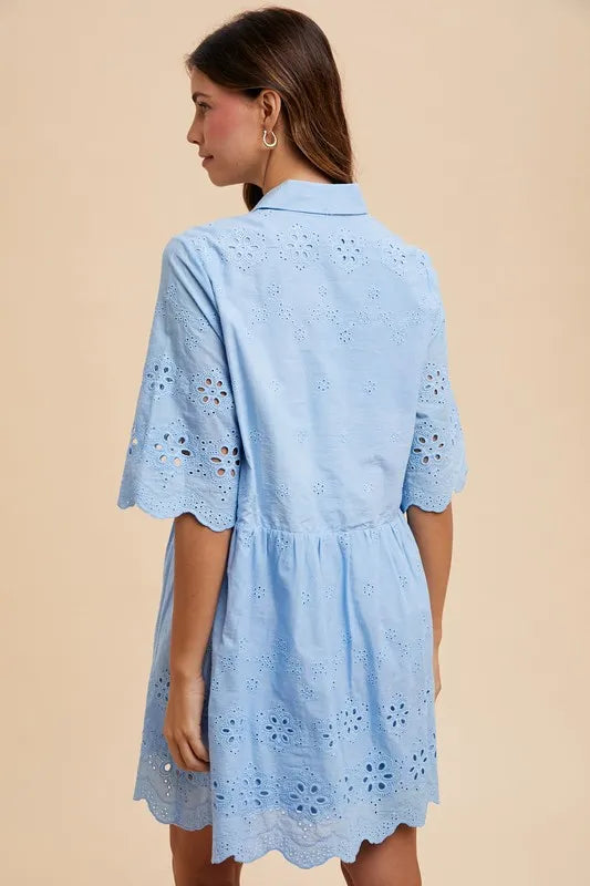 Sky Annie Wear Embroidered Scallop Edge Detail Mini Shirt Dress