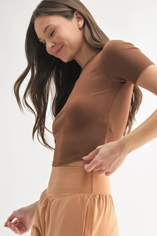 Cocoa Dust Mono B Essential Micro Ribbed Cropped Athleisure Tee 3