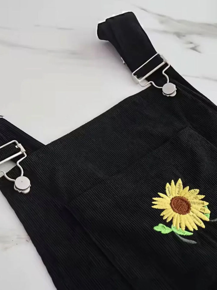 Black Embroidered Sunflower Wide Strap Overalls With Pockets