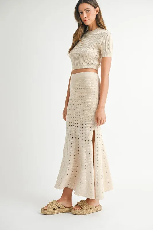 Mable Pointelle Short Sleeve Crop Top And Slit Skirt Sweater Set 2
