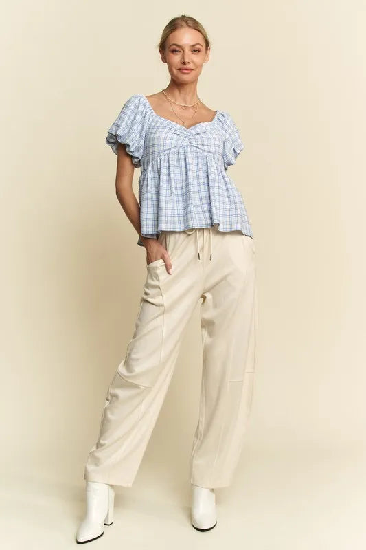 Davi Dani Plaid Puff Sleeves Ruffled Smocked Blouse