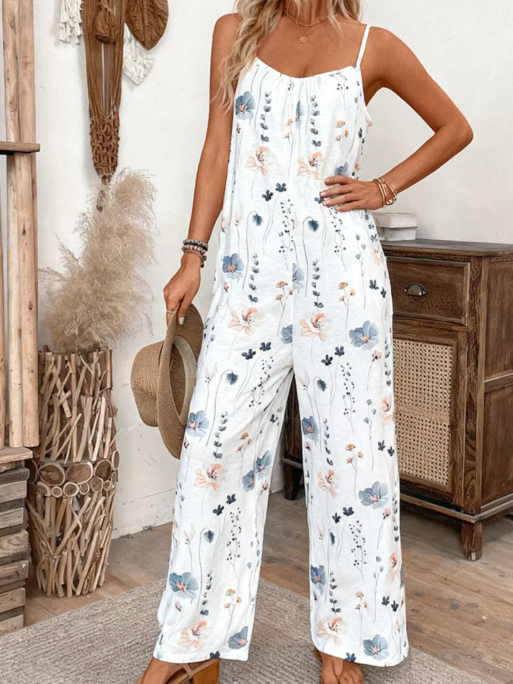 White Floral Print Spaghetti Strap Casual Jumpsuit