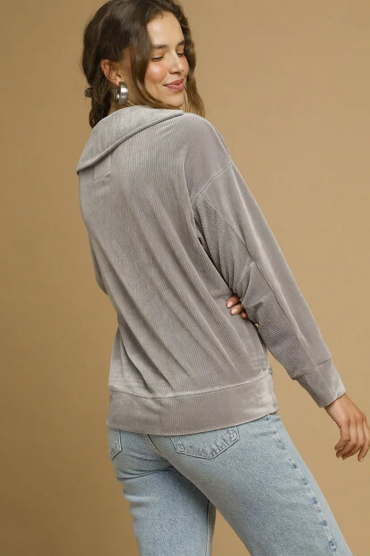 Grey Umgee Soft Thermal Collared Long Sleeve Top 1