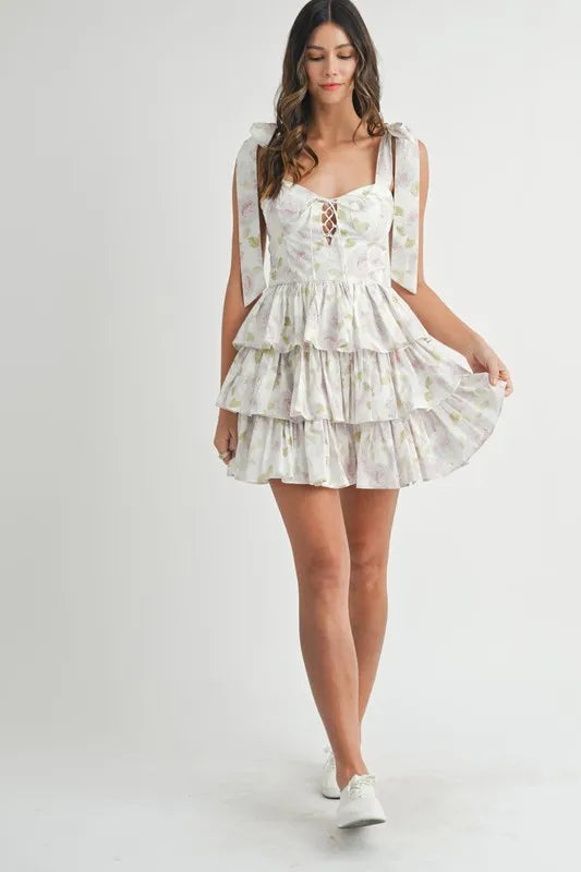 Mable Floral Print Shoulder Tie Layered Mini Dress