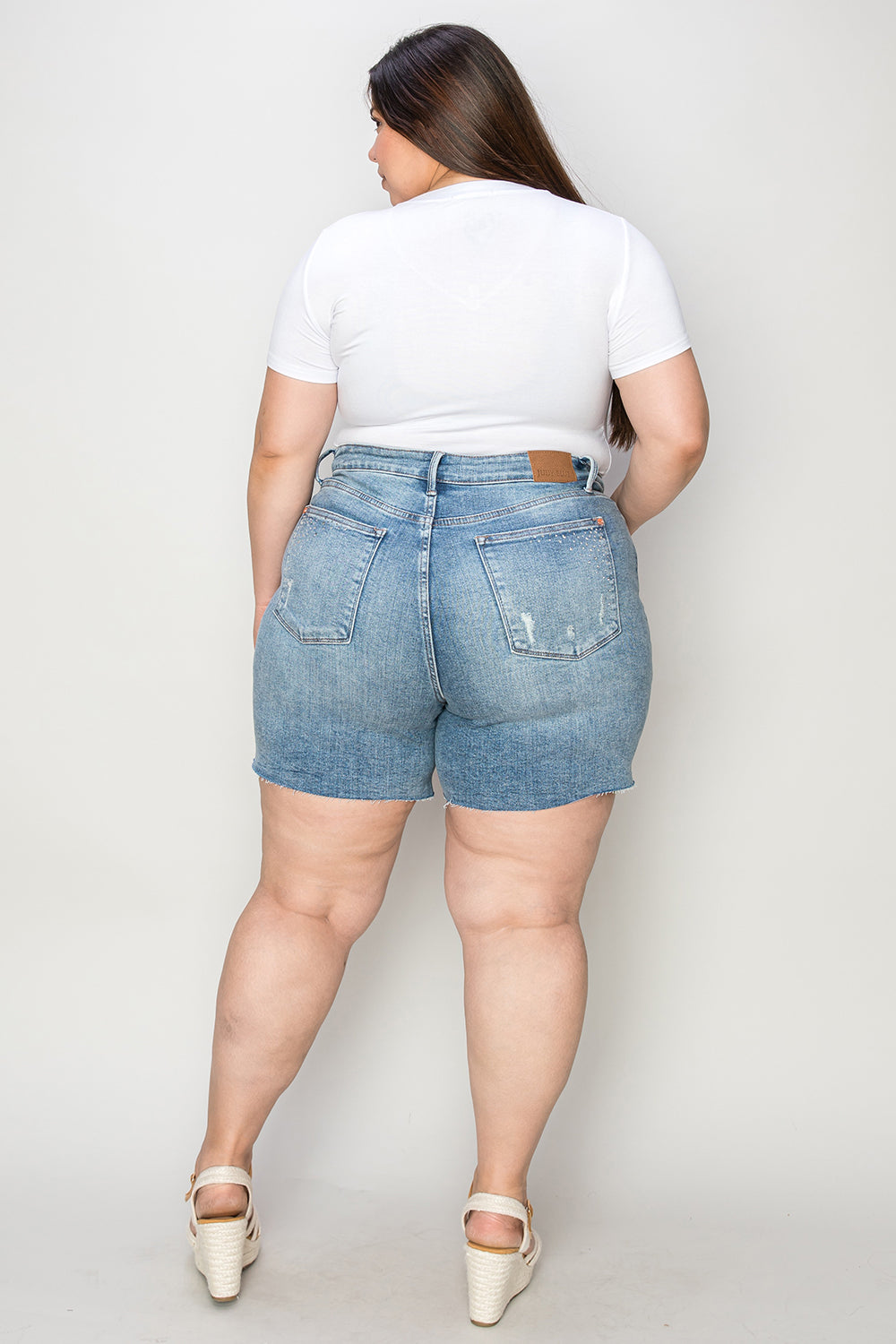 Light Judy Blue Full Size High Waist Rhinestone Decor Denim Shorts