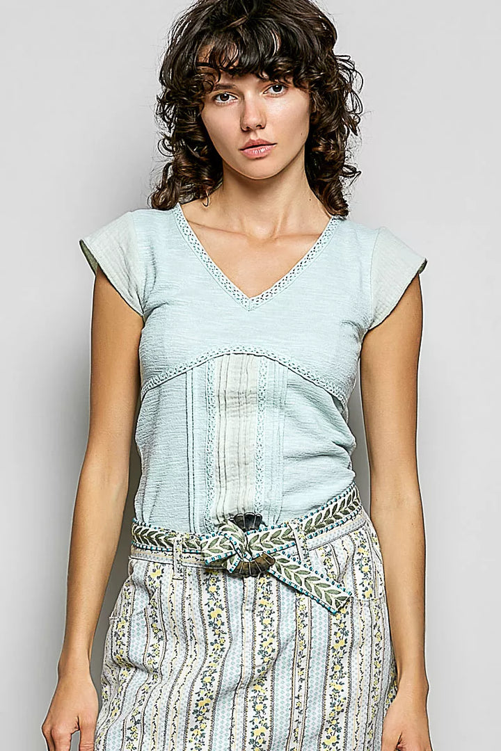Pale Mint Pol V Neck Lightweight Textured Short Sleeve Knit Top With Lace Trim 1