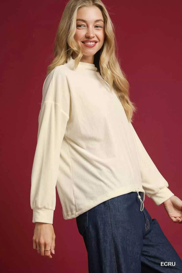 Ecru Umgee Ribbed Drawstring Hem Knit Top