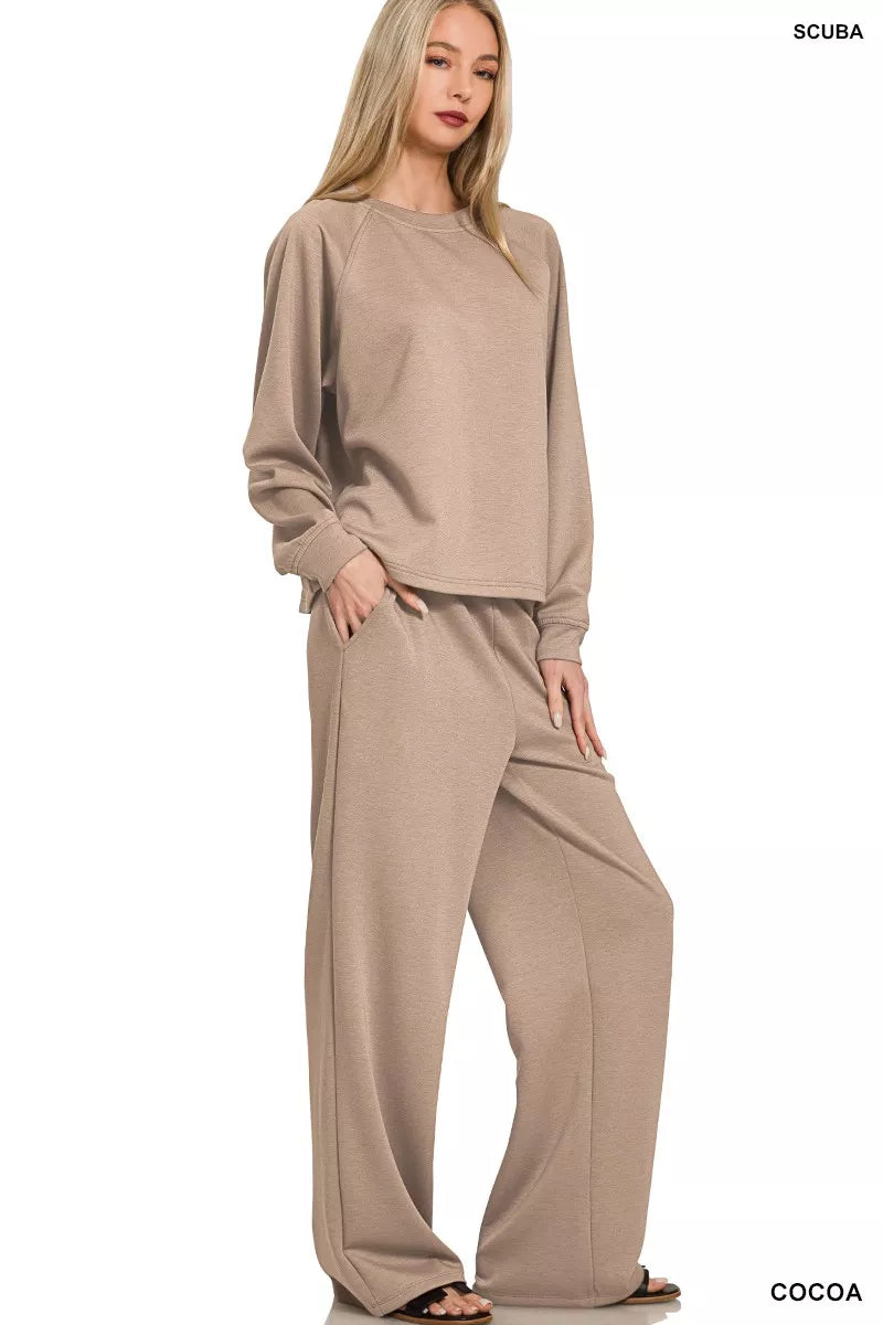 Cocoa Zenana Scuba Crewneck Sweatshirt And Pants Set 2