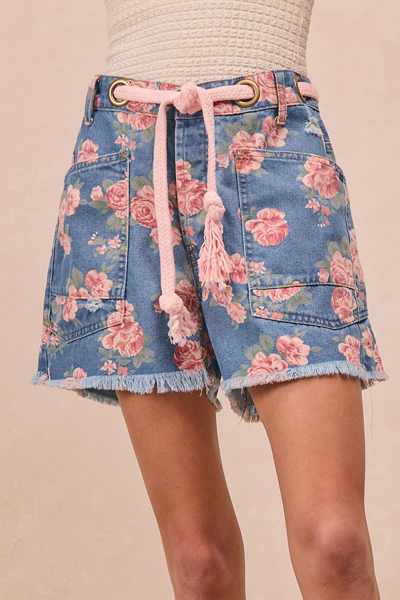 Denim Bibi Braided Waist Belt Patch Pockets Floral Print Denim Shorts