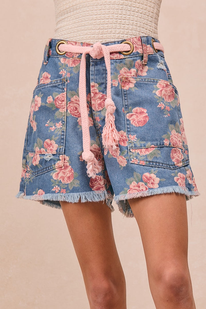 Denim Bibi Braided Waist Belt Patch Pockets Floral Print Denim Shorts