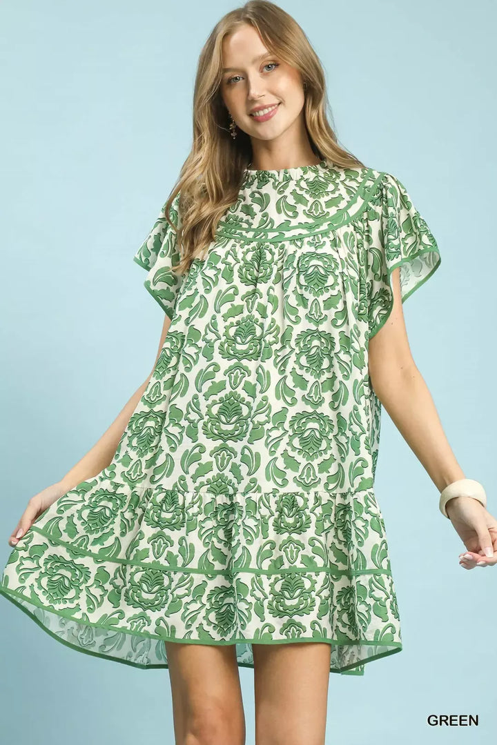 Green Umgee Abstract Print Babydoll Mini Dress 1