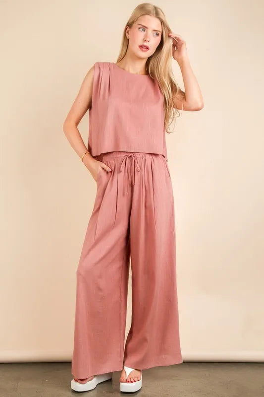 Very J Solid Woven Top Pants Set 2
