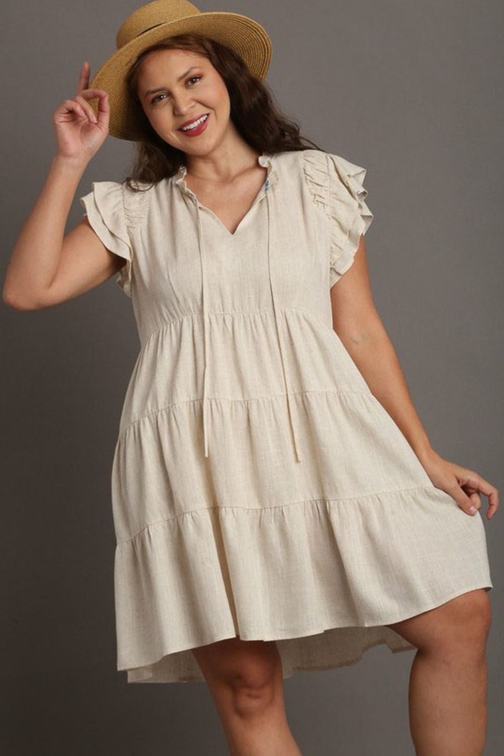 OATMEAL Umgee Full Size Linen A Line Tiered Mini Dress Plus Size