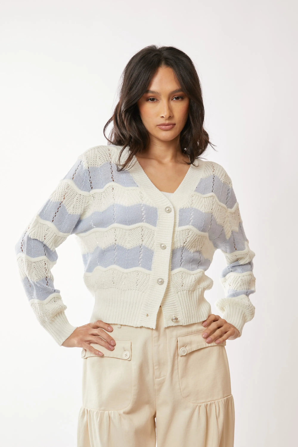 White/Light Blue Davi Dani Button Up Front V Neckline Cardigan Sweater