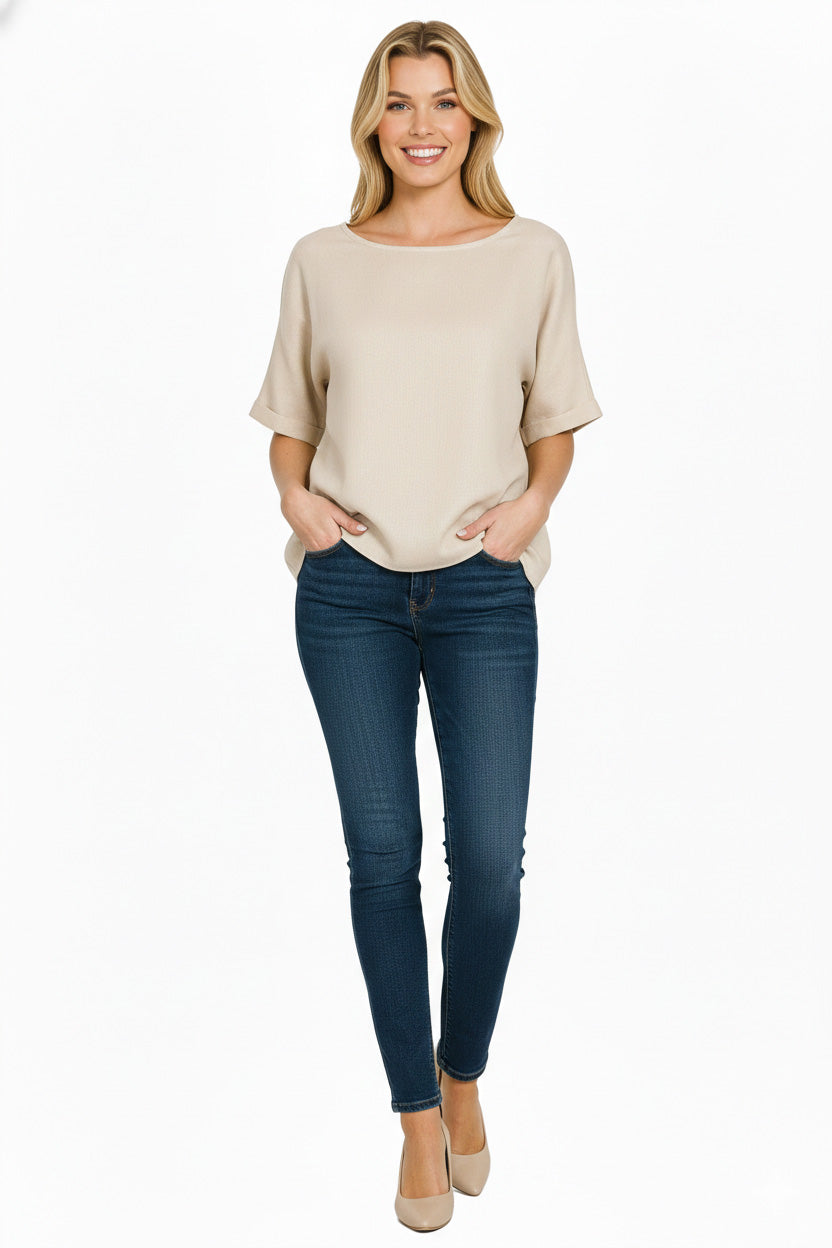 Sand Beige Zenana Linen Round Neck Cuffed Sleeve Top 6