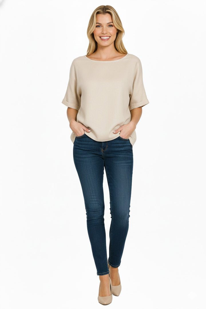 Sand Beige Zenana Linen Round Neck Cuffed Sleeve Top 6