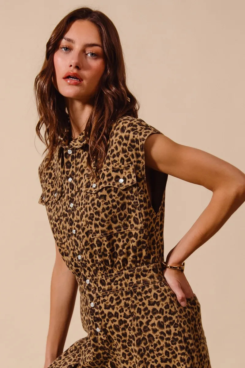 So Me Wide Leg Leopard Twill Overalls Jumpsuit With Tuck