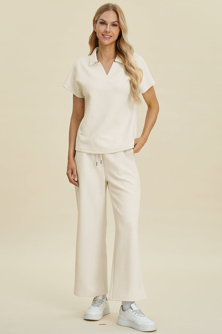 Cream Double Take Full Size Collared Neck Short Sleeve Top And Pants Set