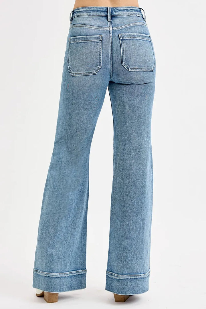 Medium Risen Full Size High Rise Wide Flare Patch Pocket Jeans Plus Size