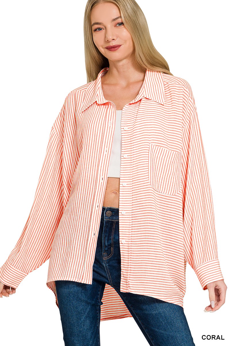 Coral Zenana Woven Stripe Button Down Shirt 3
