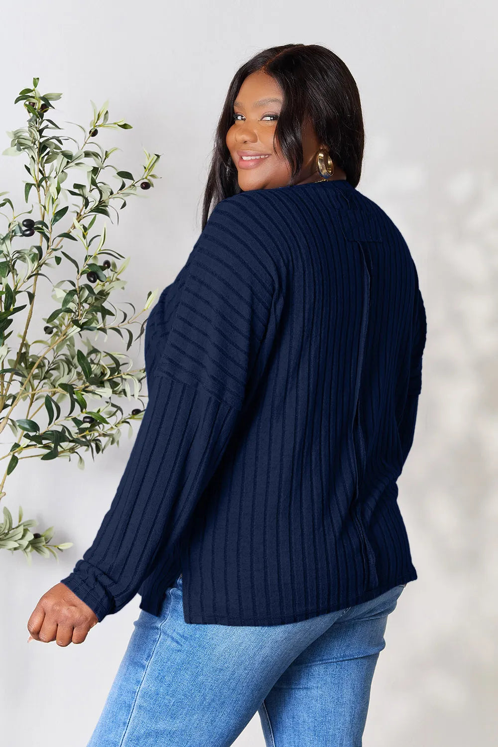 Dark Blue Basic Bae Full Size Ribbed Round Neck Slit Knit Top