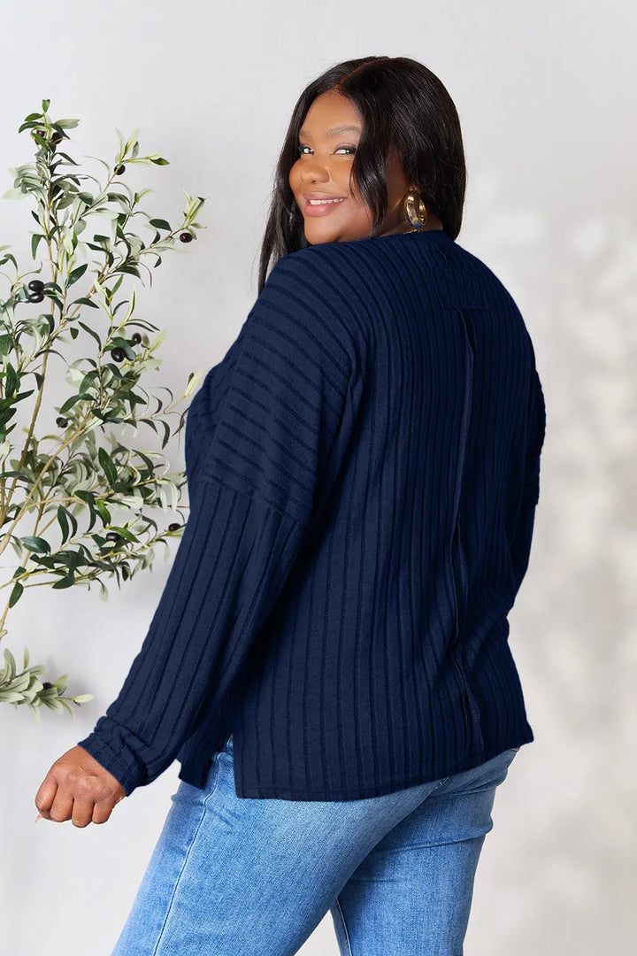 Dark Blue Basic Bae Full Size Ribbed Round Neck Slit Knit Top