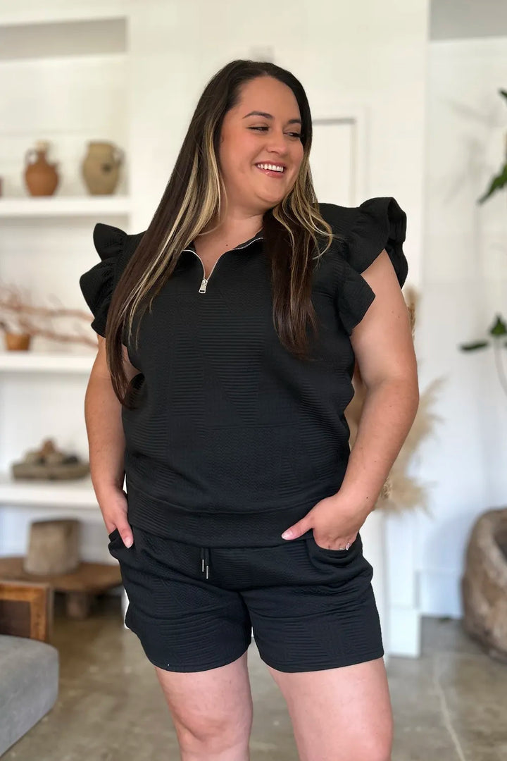 White Double Take Full Size Texture Flounce Sleeve Top And Shorts Set