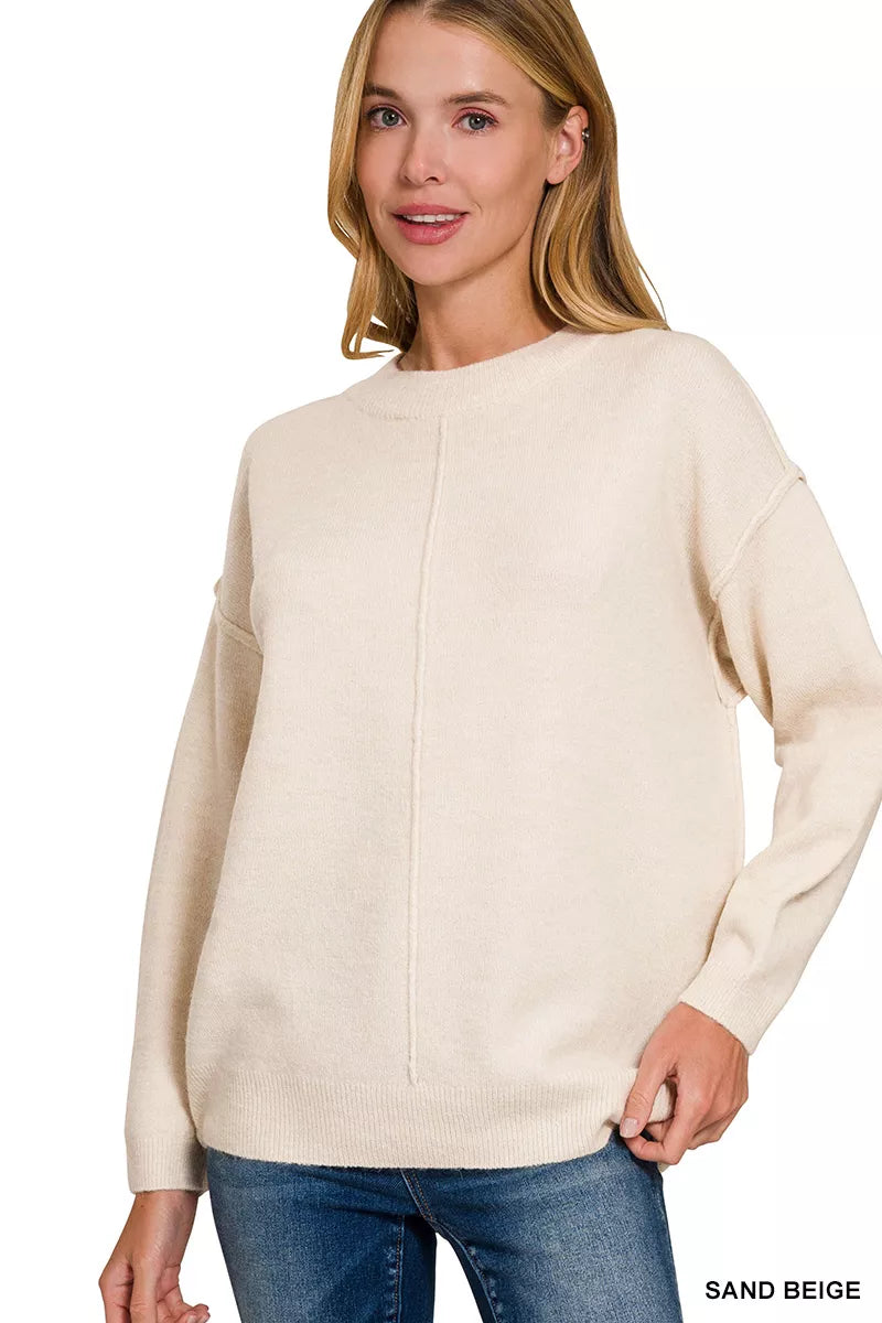 Sand Beige Zenana Melange Front Seam Round Neck Sweater