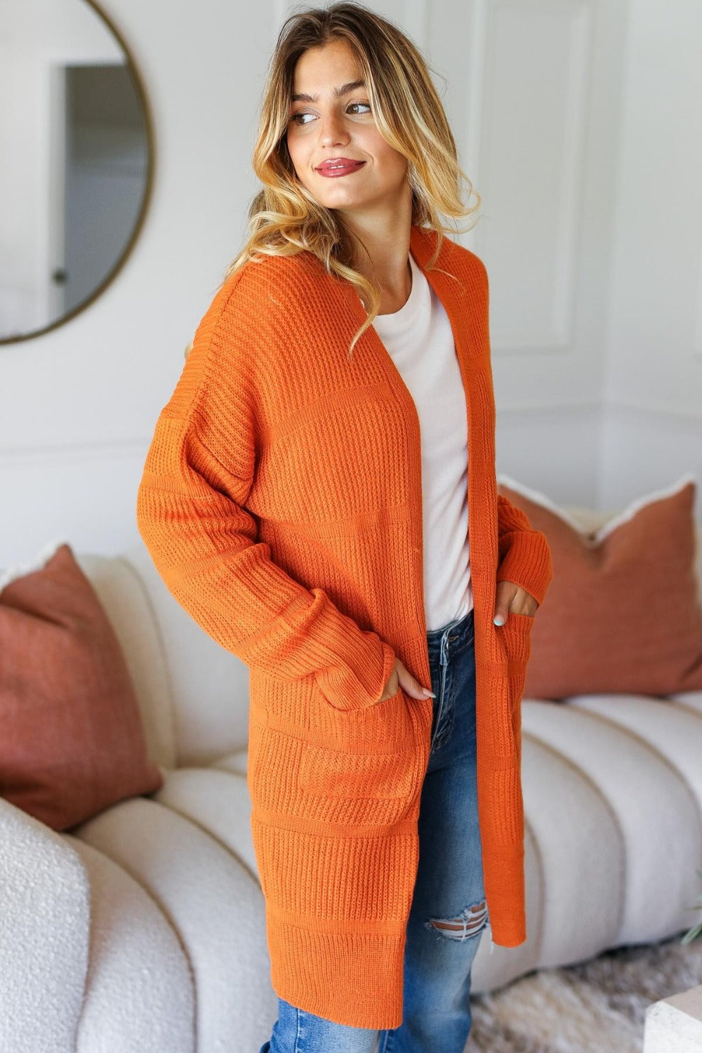 Rust Haptics Full Size Stripe Textured Open Front Cardigan With Pockets