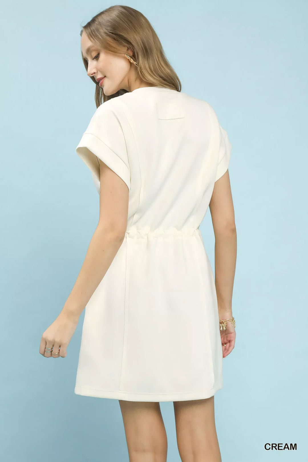 Cream Umgee Knit Zip Front Drawstring Dress