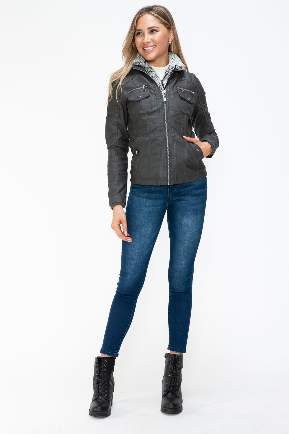 Ymi Removable Faux Layered Multi Pocket Jacket With Fuzzy Hood 1