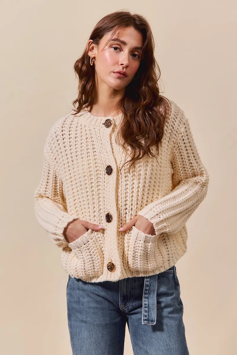 Cream So Me Metal Button Long Sleeve Chunky Sweater Cardigan