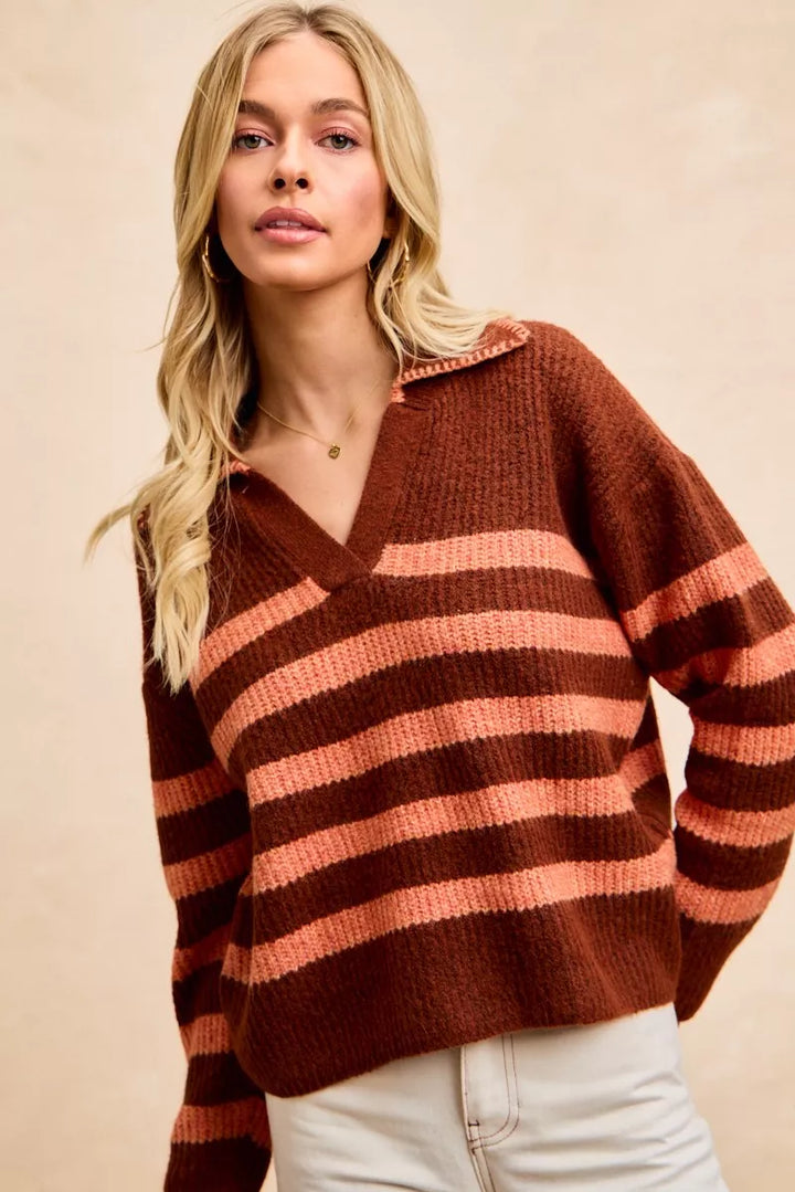 Brick/Terracotta Bibi Striped Sweater Top With Collar Stitched Details