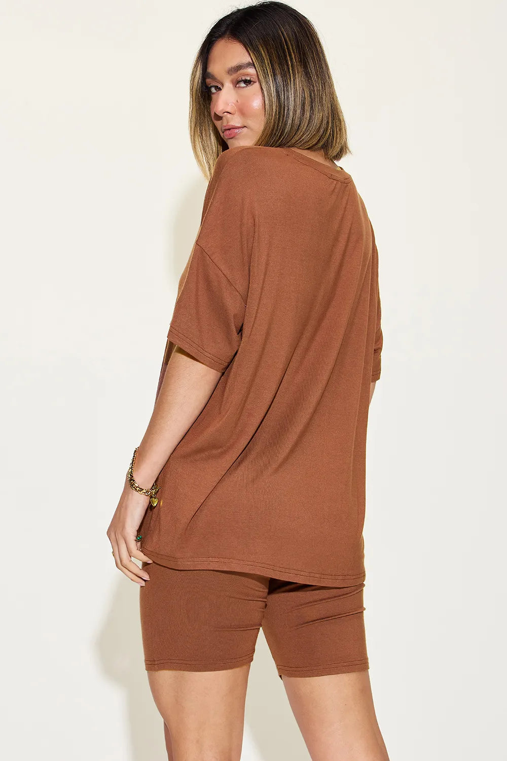 Brown Basic Bae Full Size V Neck Drop Shoulder T Shirt And Shorts Set