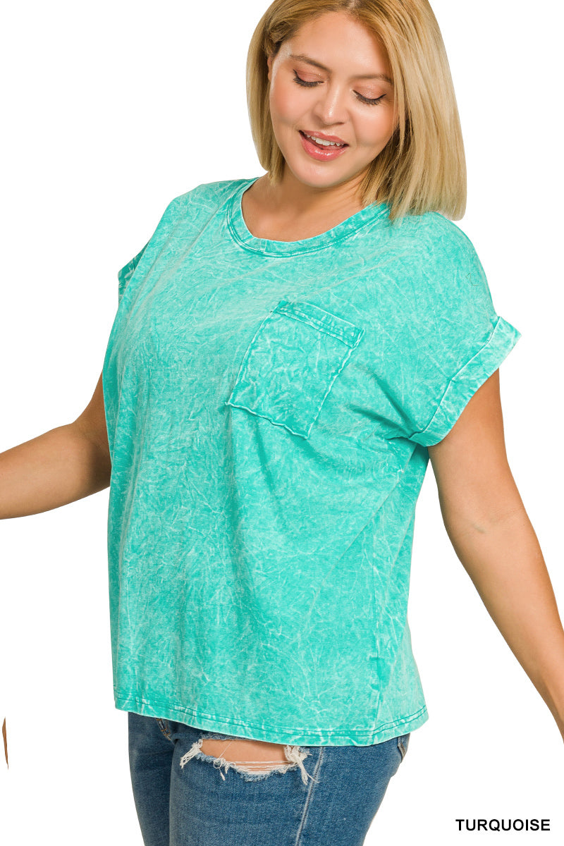 Turquoise Zenana Full Size Crinkle Washed Round Neck Folded Short Sleeve Tee Plus Size 6