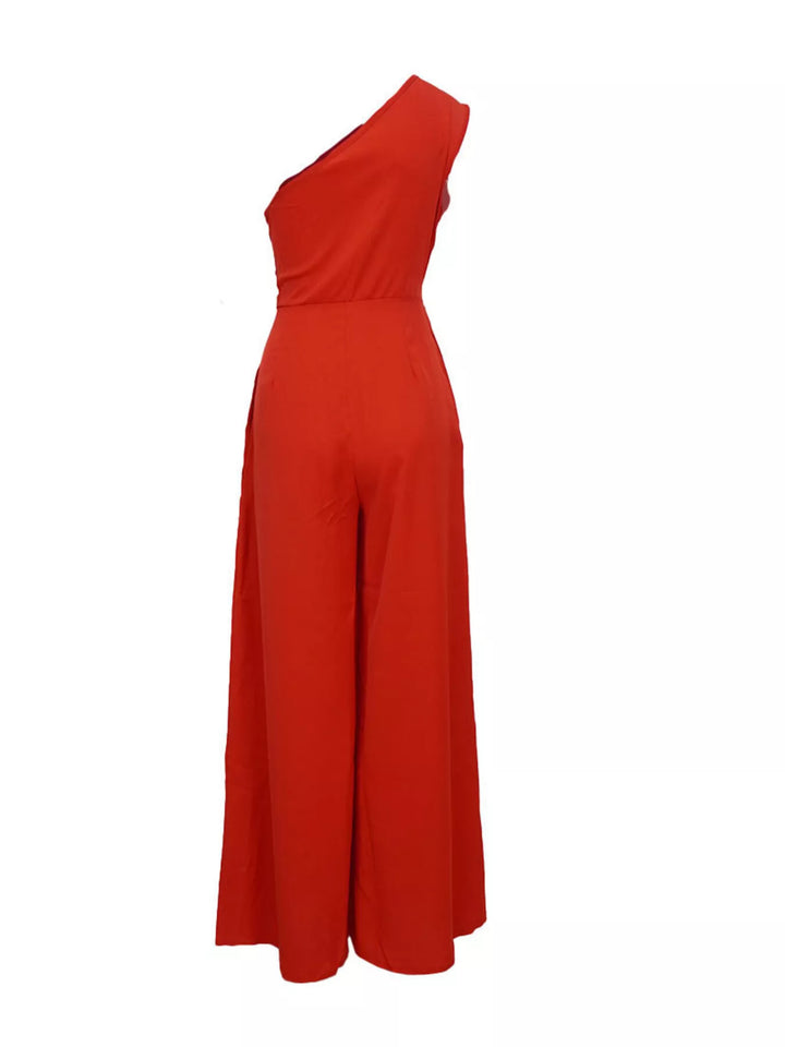Red Full Size One Shoulder Wide Leg Jumpsuit Plus Size