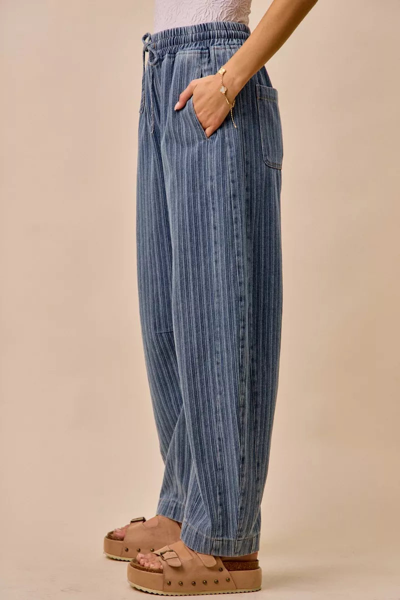 So Me Stripe Denim Barrel Jeans Drawstring Waistband