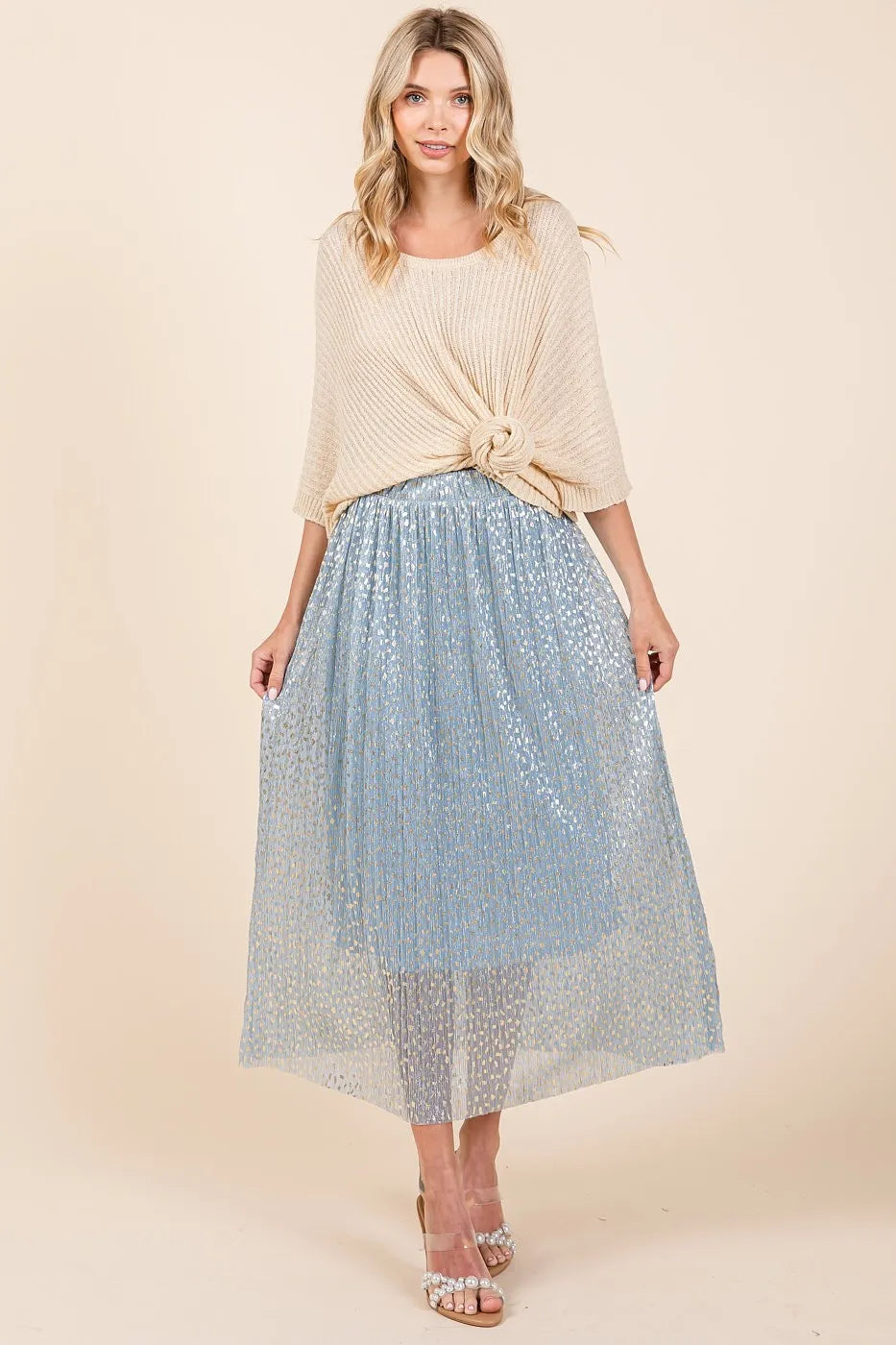 Blue Mittoshop Metallic Glitter Speckle Print Elastic Midi Skirt