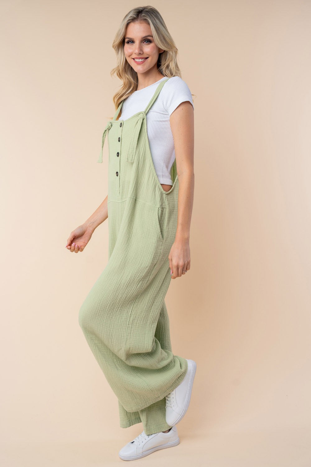Sage White Birch Texture Sleeveless Wide Leg Jumpsuit