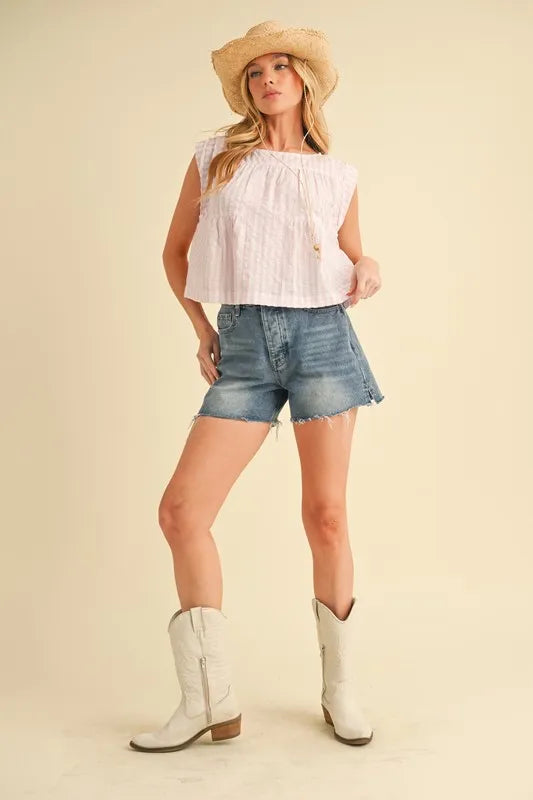 Aemi Co Ruched Striped Round Neck Sleeveless Top 2