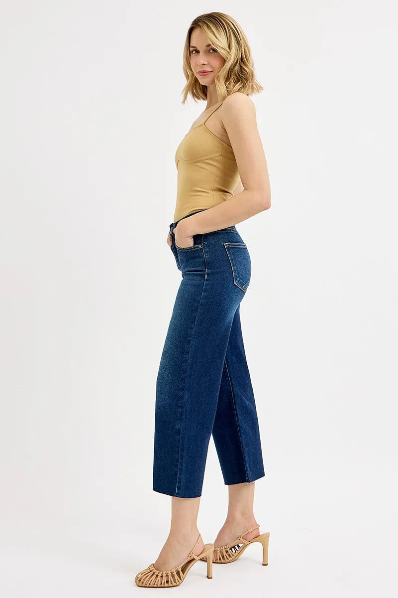Dark Risen Full Size Tummy Control High Rise Crop Wide Jeans Plus Size