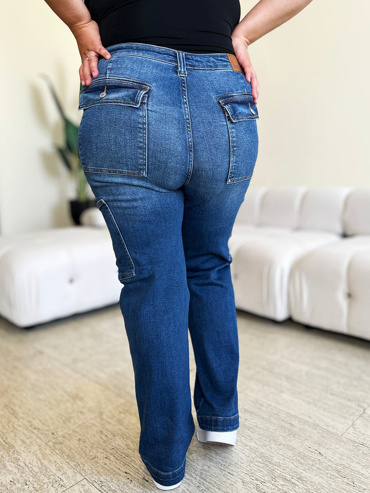 Dark Judy Blue Full Size High Waist Cargo Jeans