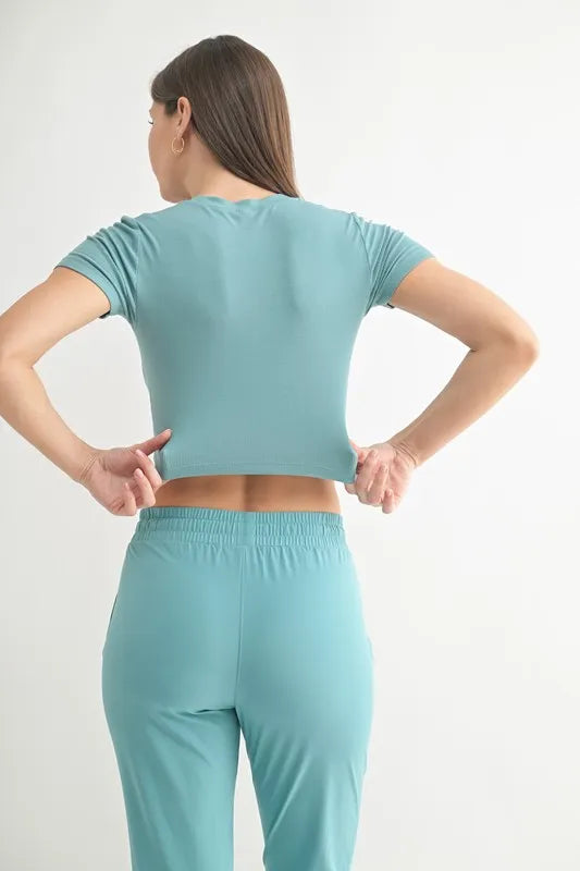 Grey Teal Mono B Essential Micro Ribbed Cropped Athleisure Tee 4