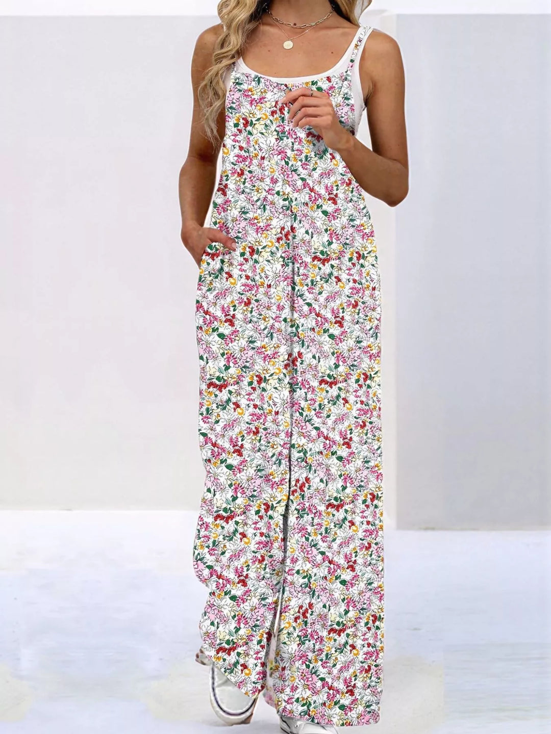 Deep Teal Full Size Floral Print Wide Leg Casual Jumpsuit Plus Size