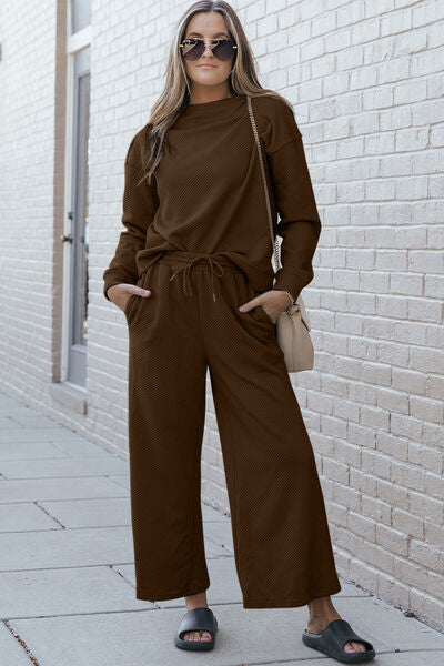 Light Gray Double Take Full Size Textured Long Sleeve Top And Drawstring Pants Set