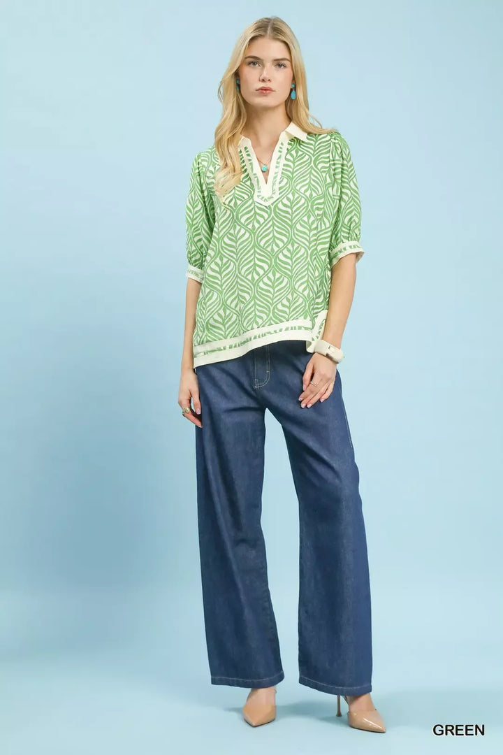 Umgee Geometric Leaf Print Popover Top 1