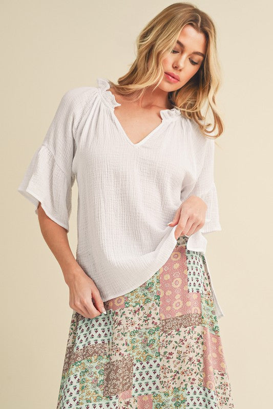 White Aemi Co Side Slit Notched Ruffled Half Sleeve Blouse 1