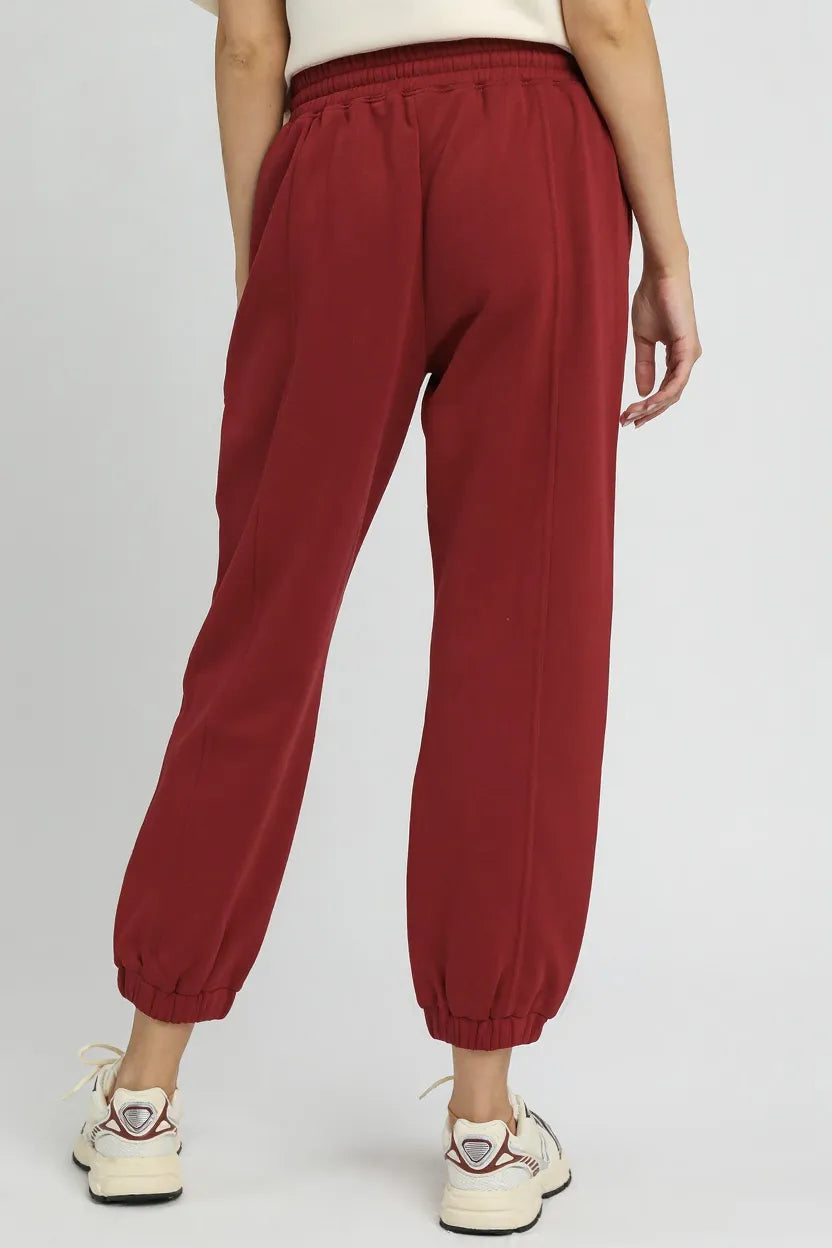 Burgundy Umgee Fleece Jogger Pants With Drawstring 1